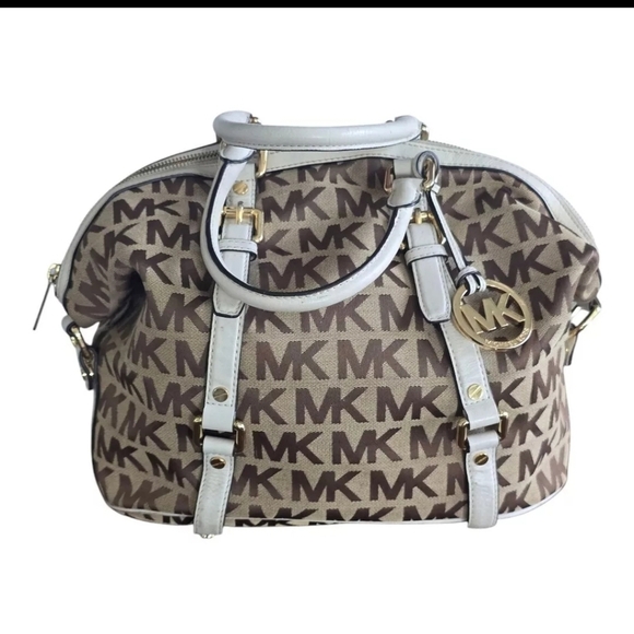 Michael Kors Handbag Bedford Women Medium Logo Satchel Jacquard Beige - Picture 3 of 14